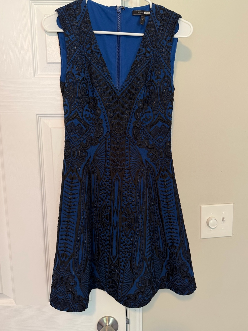 BCBGMaxAzria Blue and Black V‑Neck Embroidered Fit & Flare Dress